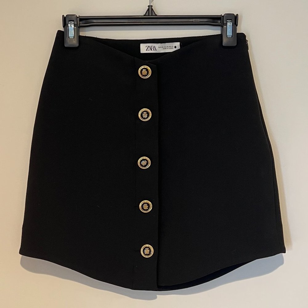 Zara Black Mini Skirt with Gold Buttons - Size XS